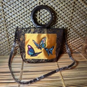 Vintage Bueno Butterfly Tapestry hand Bag Purse Tote Embroidered y2k